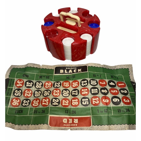 VTG Bakelite Poker Caddy Paper Chips Cardinal Red Card Slots Roulette